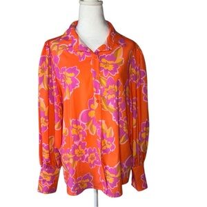 Orange and Pink Puff Sleeve Graphic Blouse